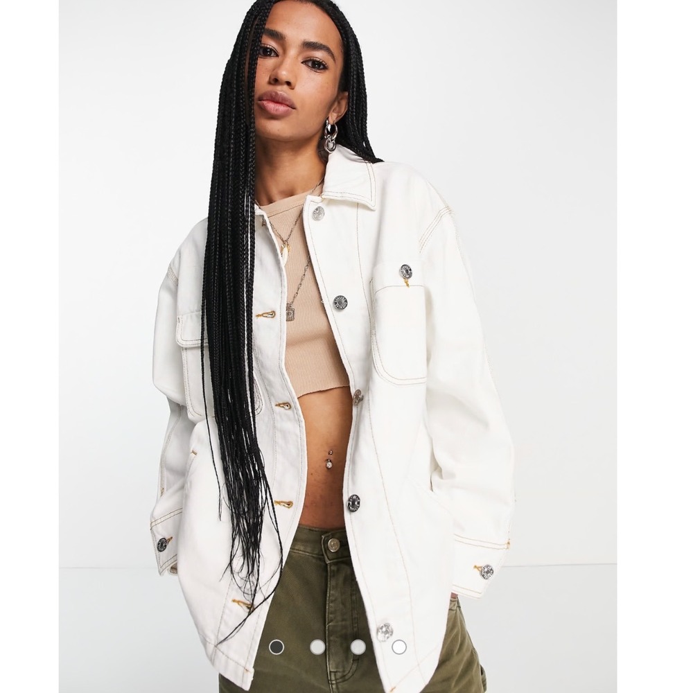 Bershka Womens Off White Denim Jacket Contrast Stitch Utility Trucker Small